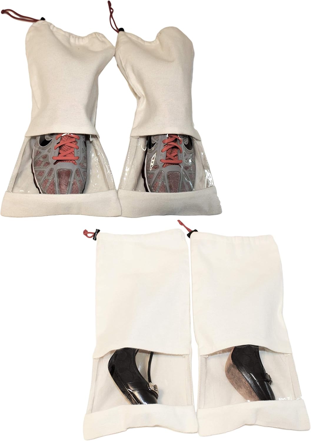 Earthwise Shoe Storage Bags Travel Portable Cotton Shoe Bags with Drawstring & Clear Window For Men and Women Made in the USA (Single Shoe - 4 Pack, Natural)