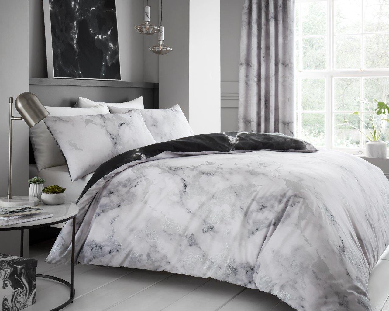 GC GAVENO CAVAILIA Printed Textured Duvet Cover 3 pcs, Double, Reversible Marble Quilt Covers, Polycotton Bedding Sets, White