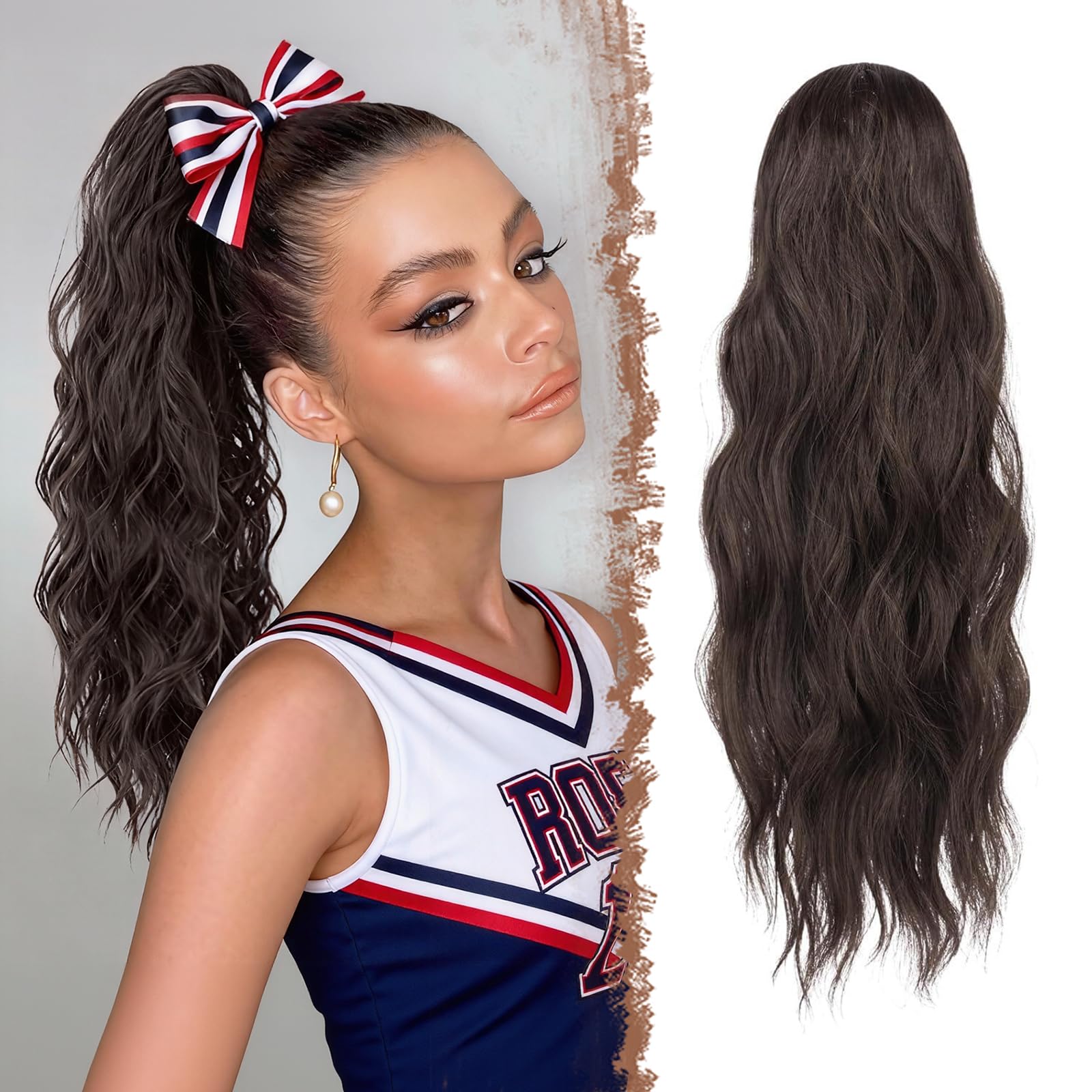 FESHFEN Ponytail Extensions, Drawstring Ponytails Hair Extension Chocolate Brown Mixed Dark Brown Long Curly Wavy Hair Piece Synthetic Pony Tail Hairpieces for Women, 18 inch