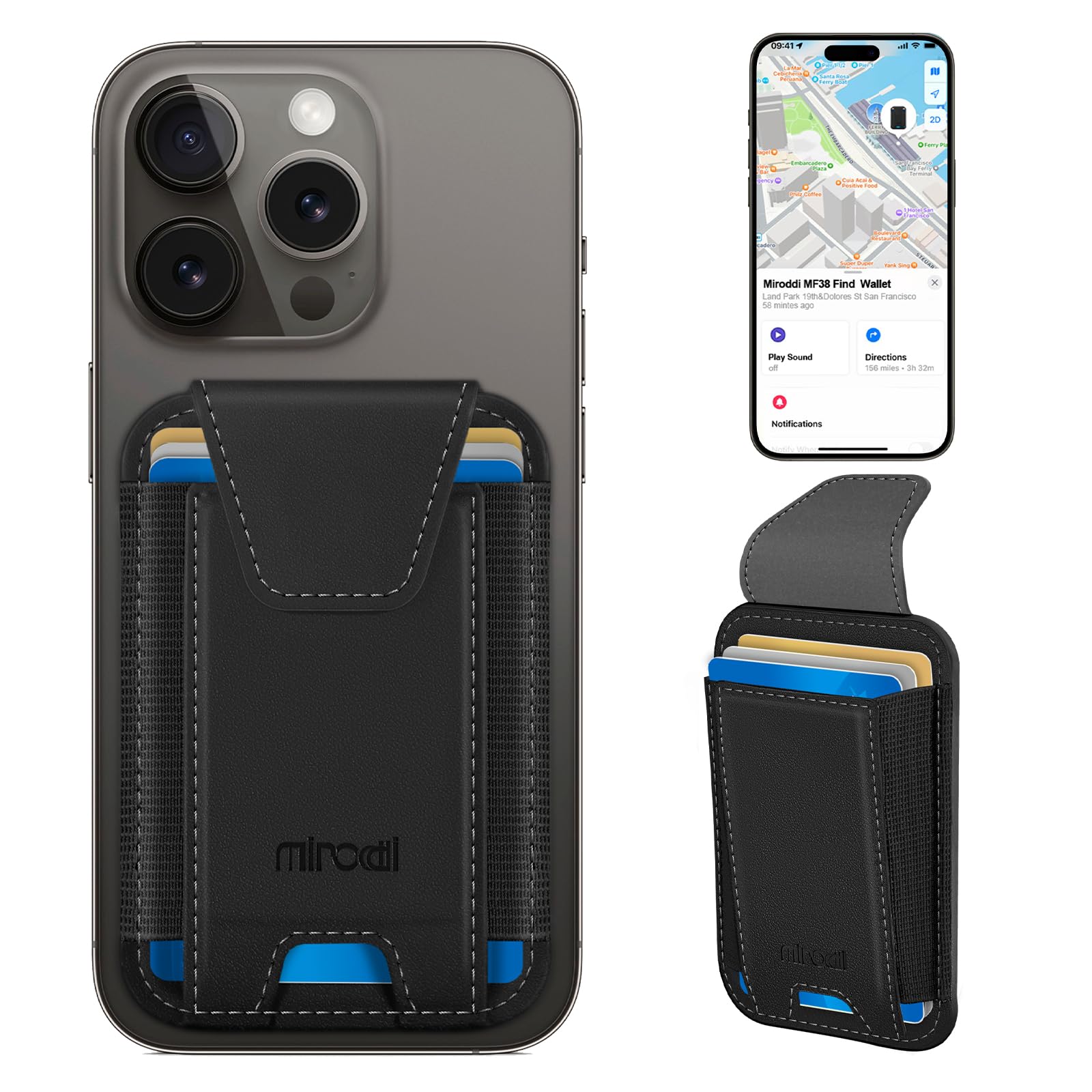 Photo 1 of Miroddi for MagSafe Wallet, Works with Apple Find My, Stronger Magnetic Phone Wallet Tracker for iPhone 16/15/14/13/12 Series, Magnetic Card Holder with Privacy Flap, RFID Blocking, Fit 7 Cards, Black