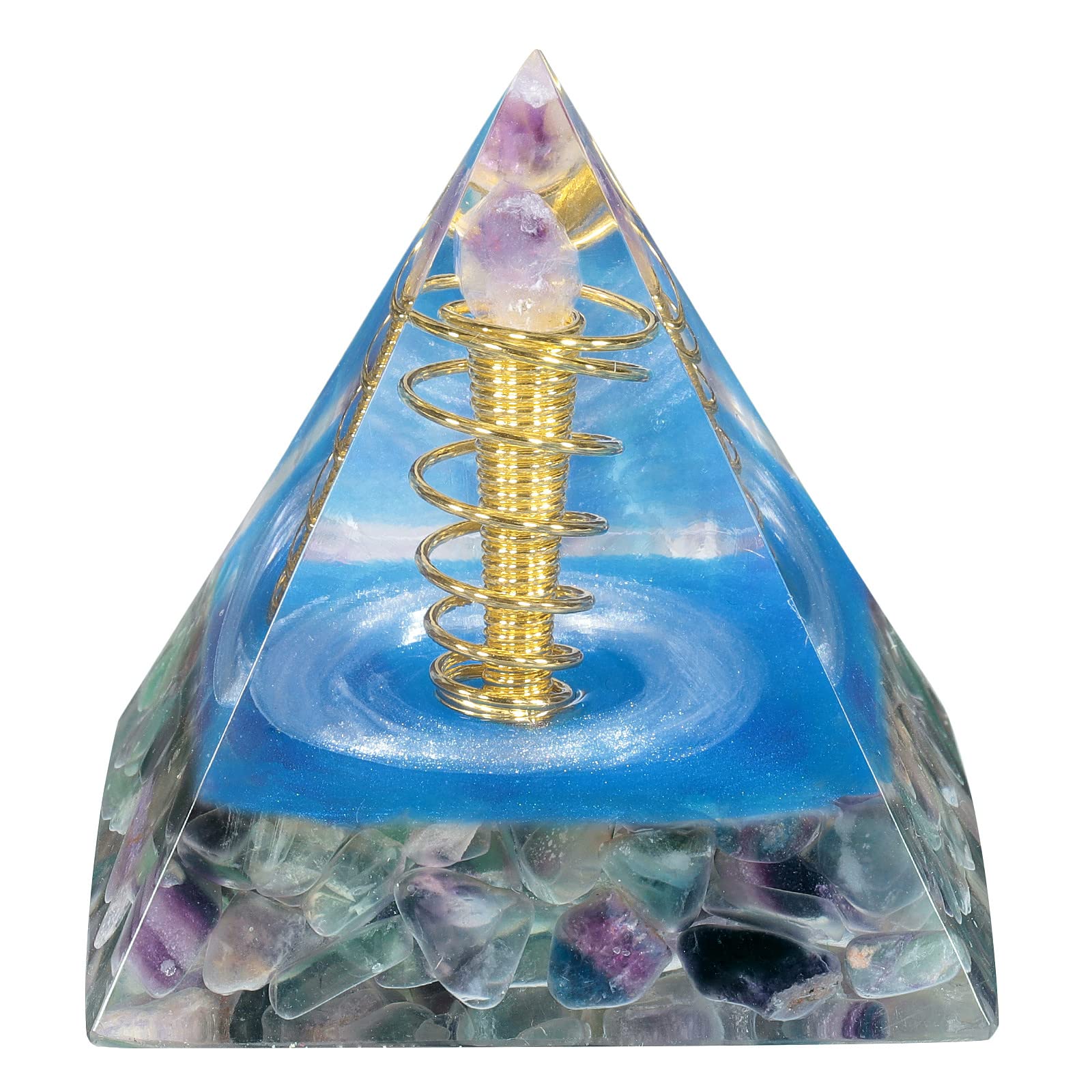 Nupuyai Spiral Energy Fluorite Crystal Pyramid Ornament, Amethyst Chakra Healing Chip Stone Quartz Point Pyramid Home Decor