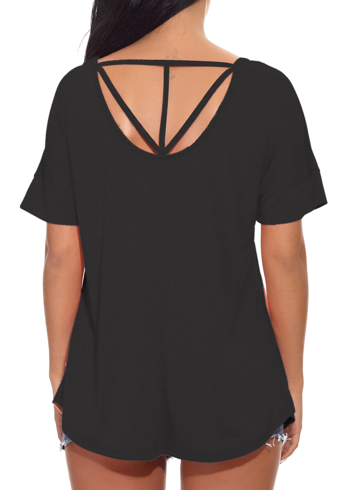 Fronage Women\'s Sexy Backless Short Sleeve Top Casual Loose T-Shirt Tees (Black, M)