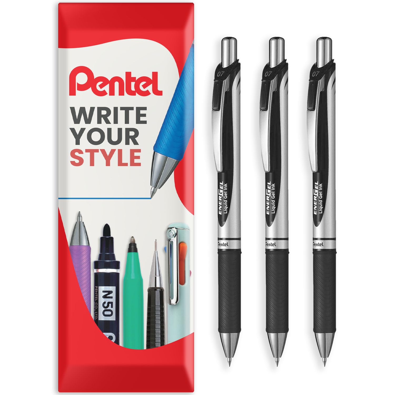 Pentel EnerGel XM BL77 - Retractable Liquid Gel Ink Pen - 0.7mm - 54% Recycled - In Pillow Packaging - Pack of 3 - Black