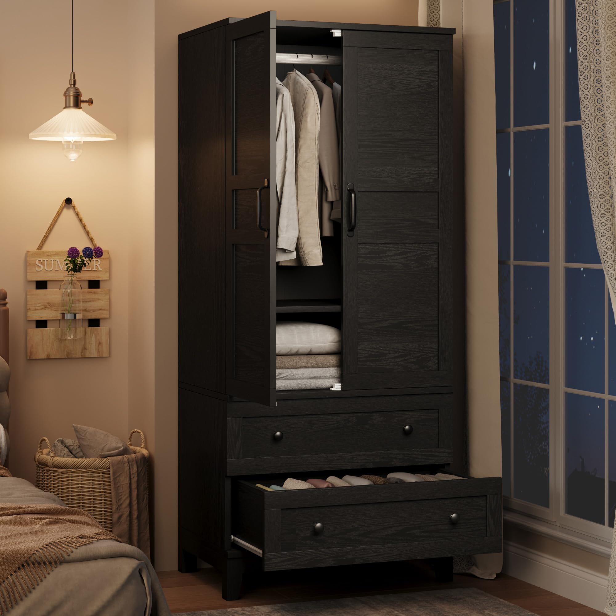 Photo 1 of ***BOX 1 0F 2 AND 2 OF 2 INCLUDED IN PHOTOS****
GarveeHome Armoire Wardrobe Closet with 2 Drawers,72 in Wooden Wardrobe Cabinet with Hanging Rod, Tall Clothing Armoire Cabinet with Doors and 18 Adjustable Shelves for Bedroom, Clothes, Black