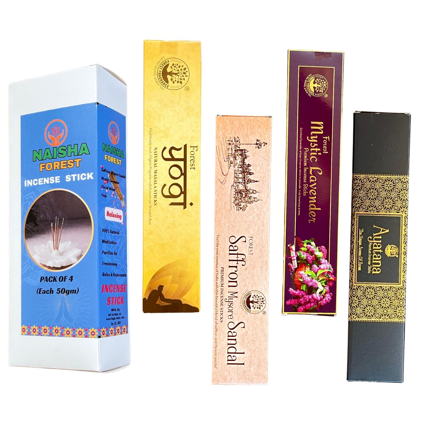 Naisha Incense Sticks Set of 4 (50Gm Each) Gift for Positivity & Spirituality, Natural Organic for Purification, Yoga, Meditation, Saffron Mysore Sandal, Mystic Lavender, Yogi, Ayatana (Relaxing)