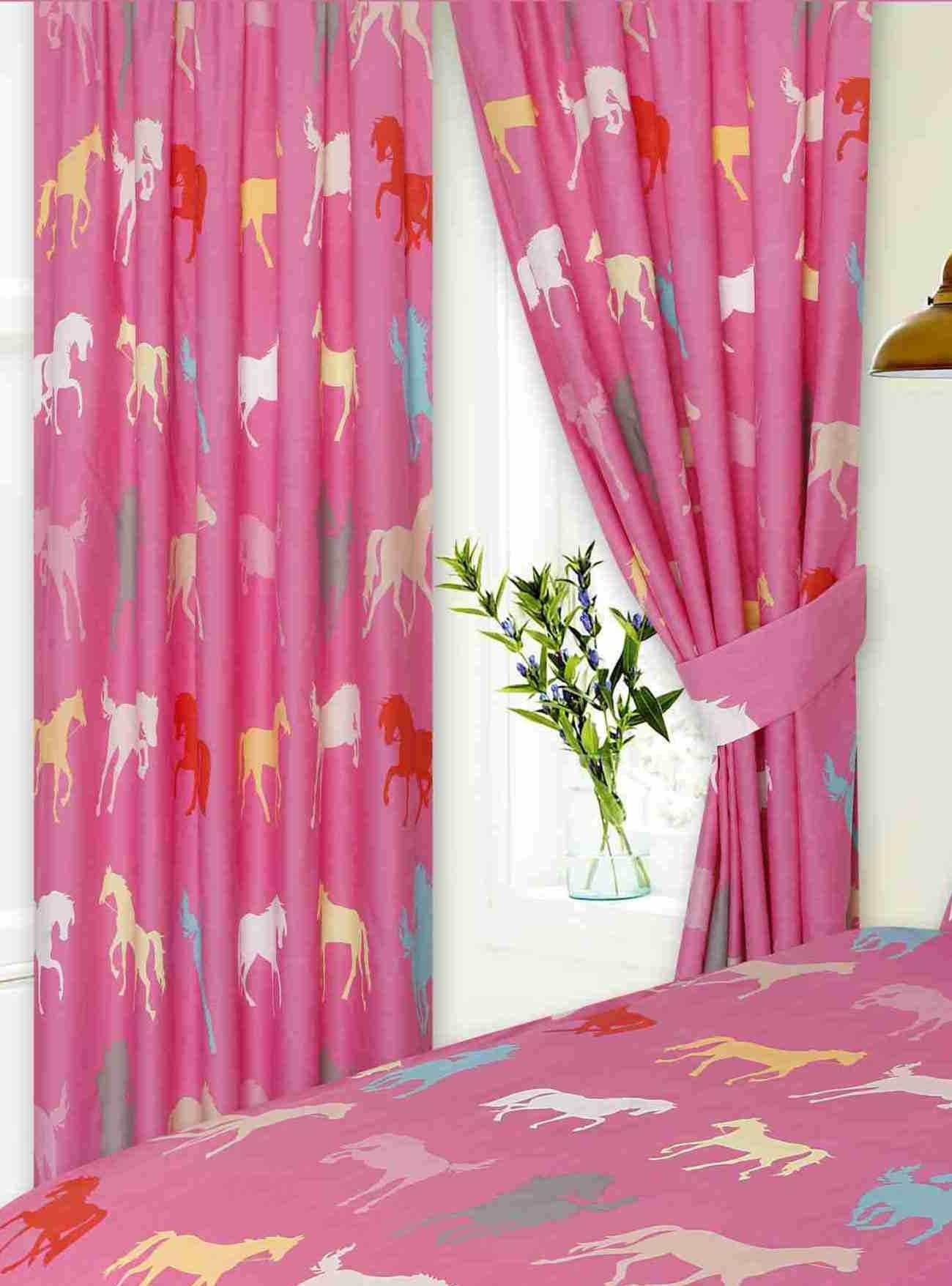 KIDZ KOLLECTIONZ 66" x 72" Horses Pink Curtains With Tie Backs, Pencil Pleat, Novelty Kids Pony Equestrian Show Silhouette, Grey White Teal Green Blue Red