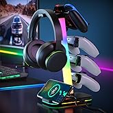Gaming Headphones Stand with Charging Station, RGB Headset Stand with 10 Light Modes, 4 Controller Holder with 1 USB & 2 Type-C Charging Ports - Earphone Hook for PC Desktop Gamer Accessories Storage