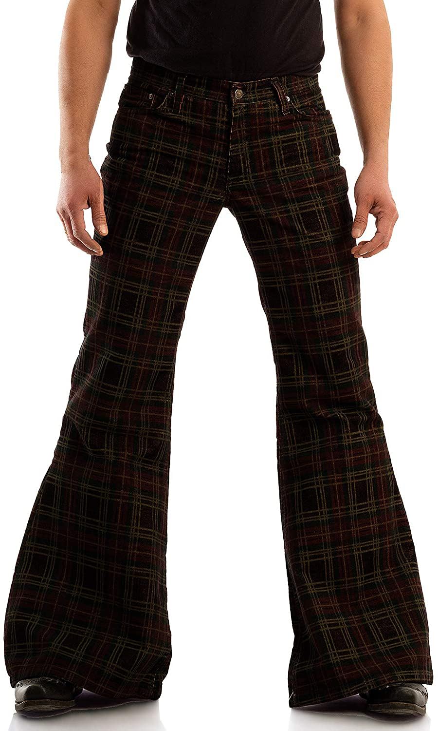 Photo 1 of Men's Checked Corduroy Vintage 70s Outfits Bell Bottom Stretch Fit Classic Comfort Flared Flares Retro Leg Disco Pants Trousers, Green, Small