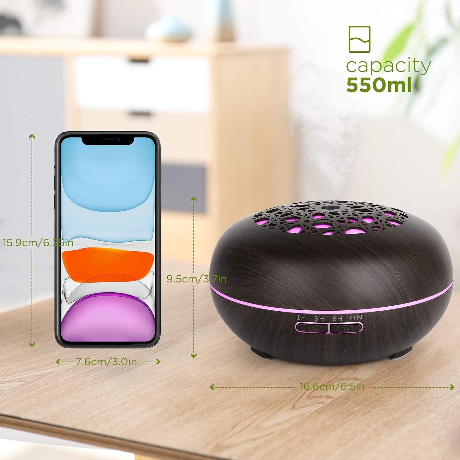 WD&CD 550ML Essential Oil Diffusers Ultrasonic Aroma Diffuser Humidifier Cool Mist with Remote Control, Waterless Auto-off - Image 5