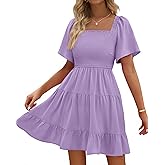BTFBM Womens Summer Smocked Mini Dress Spring Square Neck Flutter Sleeve Casual Ruffle Swing Boho Beach Dresses Pockets