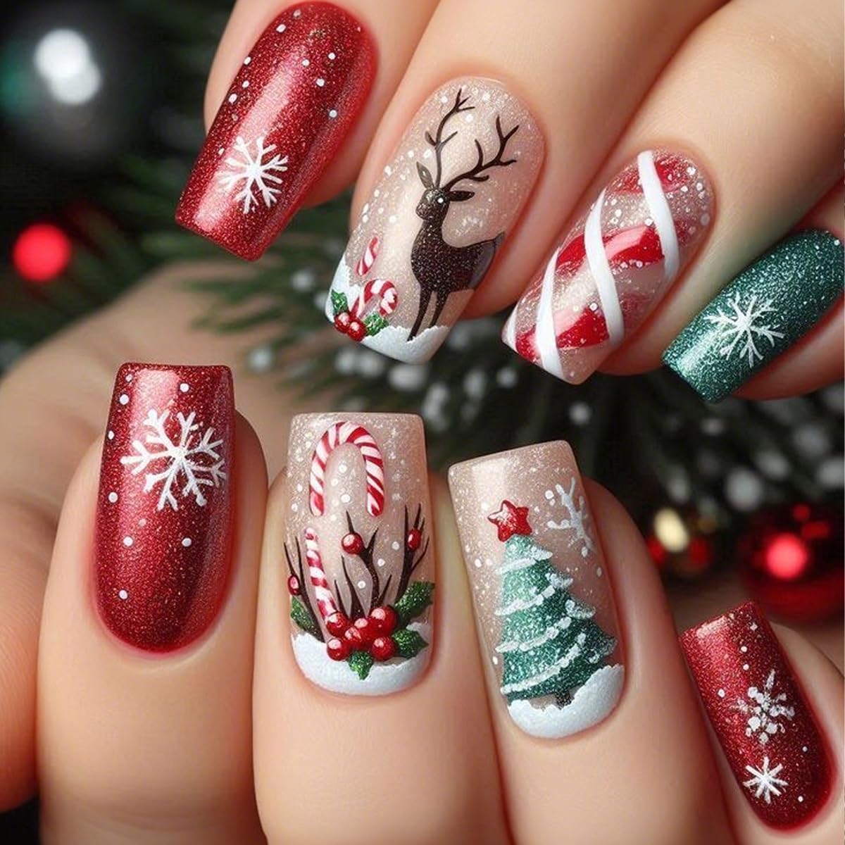 Photo 1 of 24Pcs Christmas Press on Nails Short Square QUNQINLI Fake Nails Press ons with Xmas Tree Snowflake Elk Design Red Green Glitter False Nails Full Cover Nude Glue on Nails Acrylic Nail Kit for Women