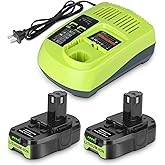 REACELL 2 Pack P102 18V Battery with Charger Combo Compatible for RYOBI 18V Battery P108 P103 P197 P189 P117 Charger, 18 Volt Batteries Compatible for Ryobi Cordless Tools