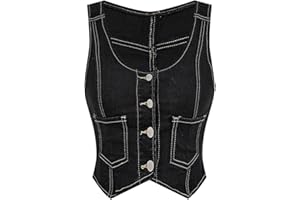 OYOANGLE Women's Button Front Denim Vest Tank Top Scoop Neck Sleeveless Jean Waistcoat