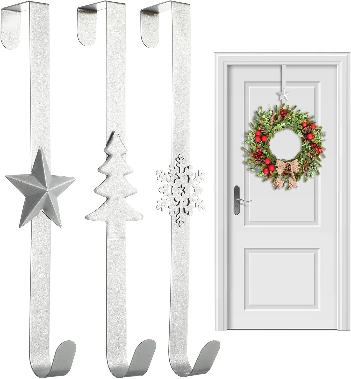 Wreath Hangers - Wreath Hanger 3 Pieces Door Hanger Hook Over the Door Wreath Hook Christmas Wreath Door Hanger Outside Door Hook for Wreaths Bathroom Bedroom, Coats, Towels Metal Home Display Holiday Front Door
