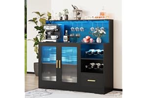 amzzar Bar Cabinets for Home with LED Light & Storage Drawer & Glass Holder & Wine Rack & Power Outlet & Door & Shelves for Living Room Kitchen Modern Black