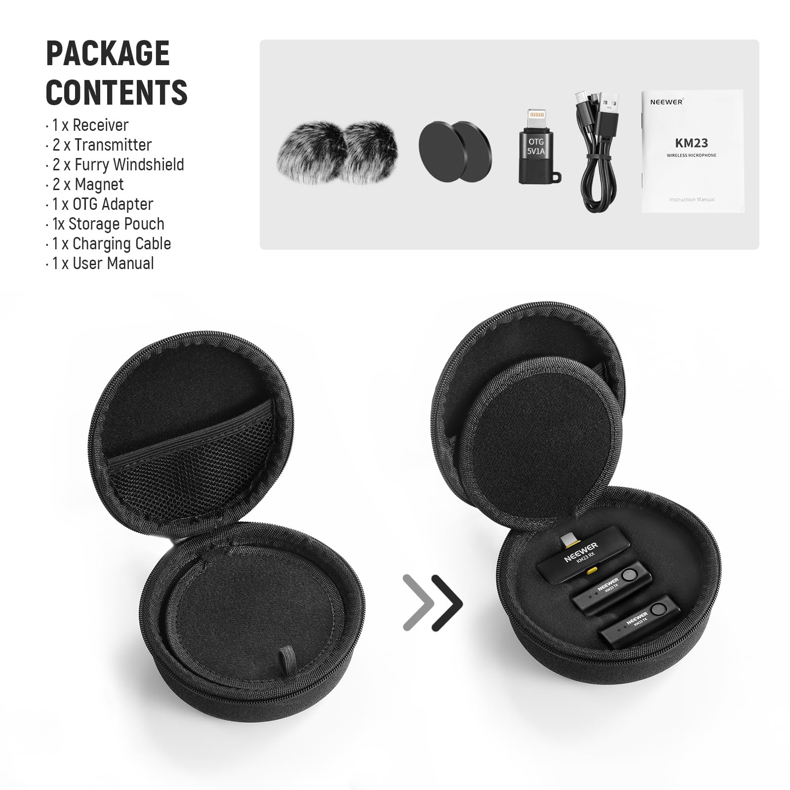 NEEWER Wireless Lavalier Microphone for iPhone Android Tablet PC Laptop 131ft/40m Range Noise Cancellation Omnidirectional Mic for Vlogging Live Streaming (1x RX + 2x TX), KM23