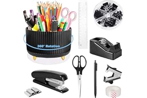 Gawsey Black Desk Organizers and Accessories 10Pcs Set with 360-Degree Rotating Pen Holder, Tape Dispenser, Stapler, Staple Remover, 1000 Staples, Tape, Clips Set, Ruler, Scissor, Pen