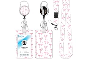 HAUKEA ID Badge Holder with Retractable Reel Clip Cute Pink Bows Breakaway Lanyards for ID Badges for Women Aesthetic Office Accessories Supplies