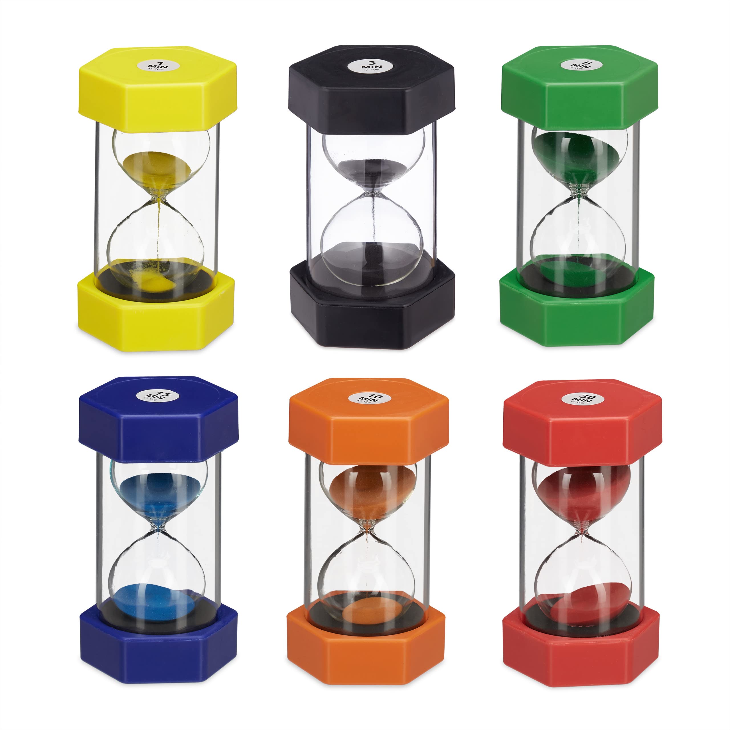 Relaxdays XXL Hourglass Set, Toothbrush Clocks, Shatterproof, 1, 3, 5, 10, 15 & 30 min, Sand, Glass, Plastic