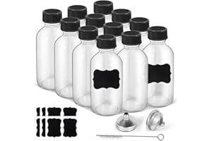 WEWYMEWO 2oz Small Clear Glass Bottles with Lids, 2 Stainless Steel Funnel, 12 Labels,1 Brush - 60ml Reusable Boston Bottle for Juice, Ginger Shot, Wellness, Oils, Whiskey, Liquids - Leakproof Travel Bottle