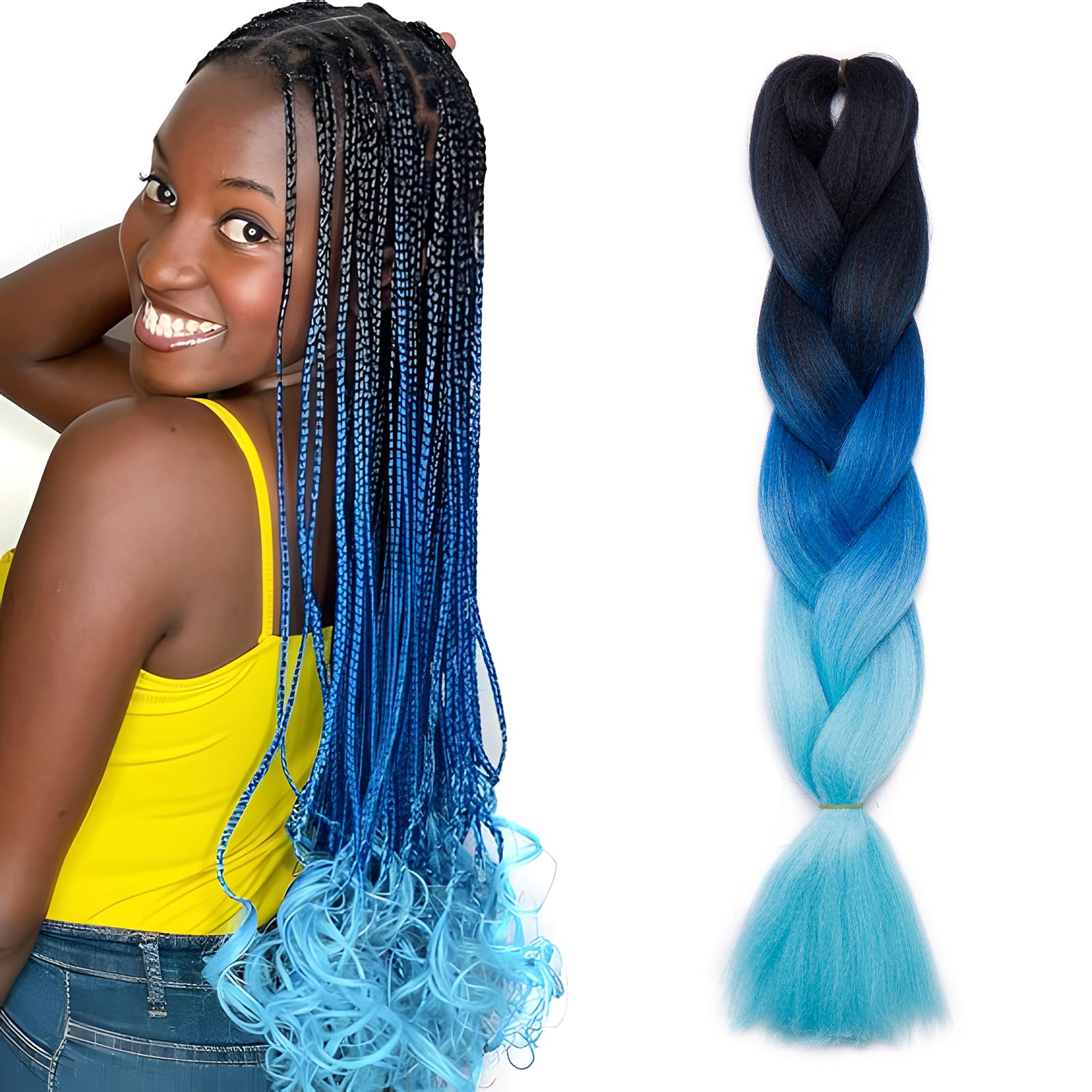 Ombre 4 Tones Braiding Hair Extensions Jumbo Braids Hair Extension Jumbo Braiding for Twist Braiding 24",1 Bundles - Dark Black to Dark Blue to Sky Blue