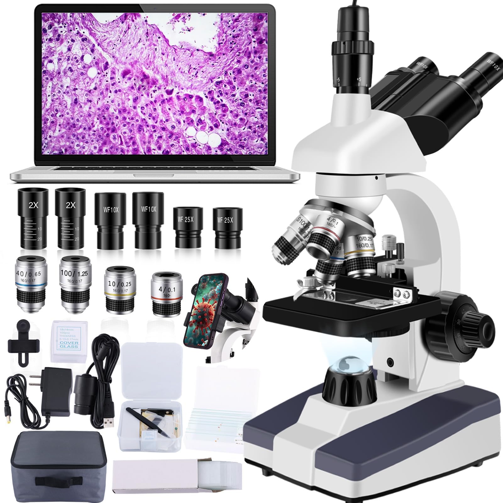 Photo 1 of Woehrsh Trinocular Microscope 40X-5000X Magnification Microscope for Adults, Laboratory Grade with Dual Mechanical Stage and HD USB Camera?Trinocular microscope with electronic eyepiece?