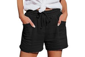 Linen Shorts for Women High Waisted Plus Size Lounge Beach Drawstring Casual Outfits 2025 Vacation Short(Black)