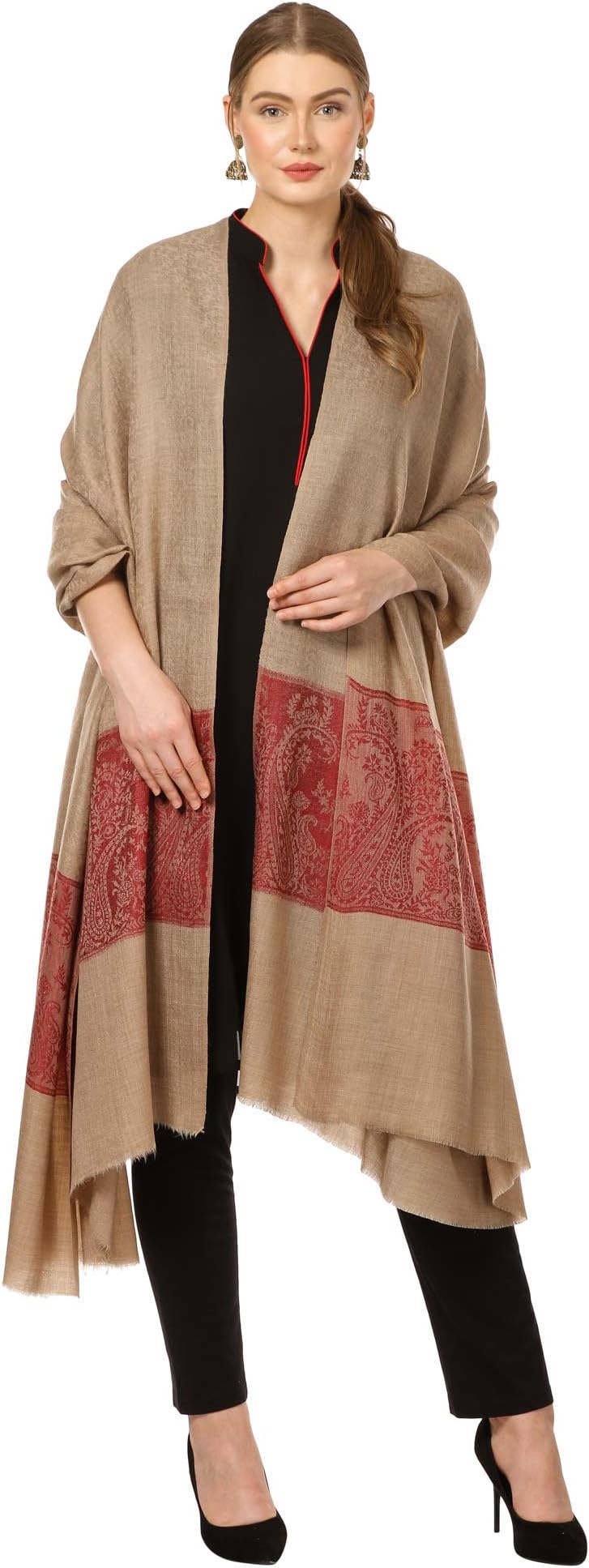 PashtushWomens Woven Extra Fine Wool Shawl with Paiseley Weave, Soft and Light weight shawl (full size 114 x 228 cm)
