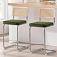 Zesthouse Natural Rattan Bar Stools Set of 2, 26'' Modern Boho Counter Stools, Velvet Counter Height Chairs with Solid Wood Back, Mid Century Cantilevered Design Bar Chairs for Kitchen Island, Green