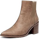 Coutgo Womens Pointed Toe Ankle Boots Elastic Chunky Block Stacked Mid Heel Slip On Chelsea Booties