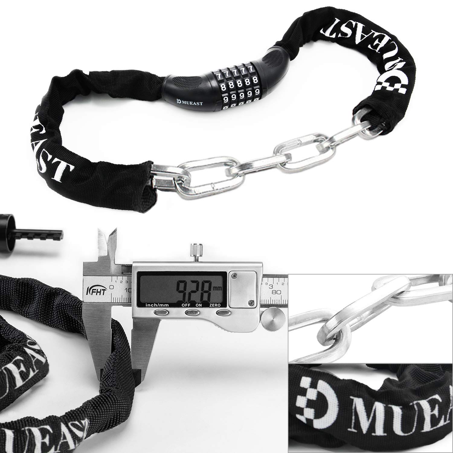 MUEAST Fahrradschloss, Zahlenschloss mit Stahlkettenglieder 7mm x 900mm Kettenschloss mit Zahlenkombination für Fahrrad und Motorrad, 860g (Black)