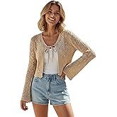 winkbay Women's Tie Front Cropped Cardigan Lightweight Bell Long Sleeve Hollow Out Casual Knitwear Sweater