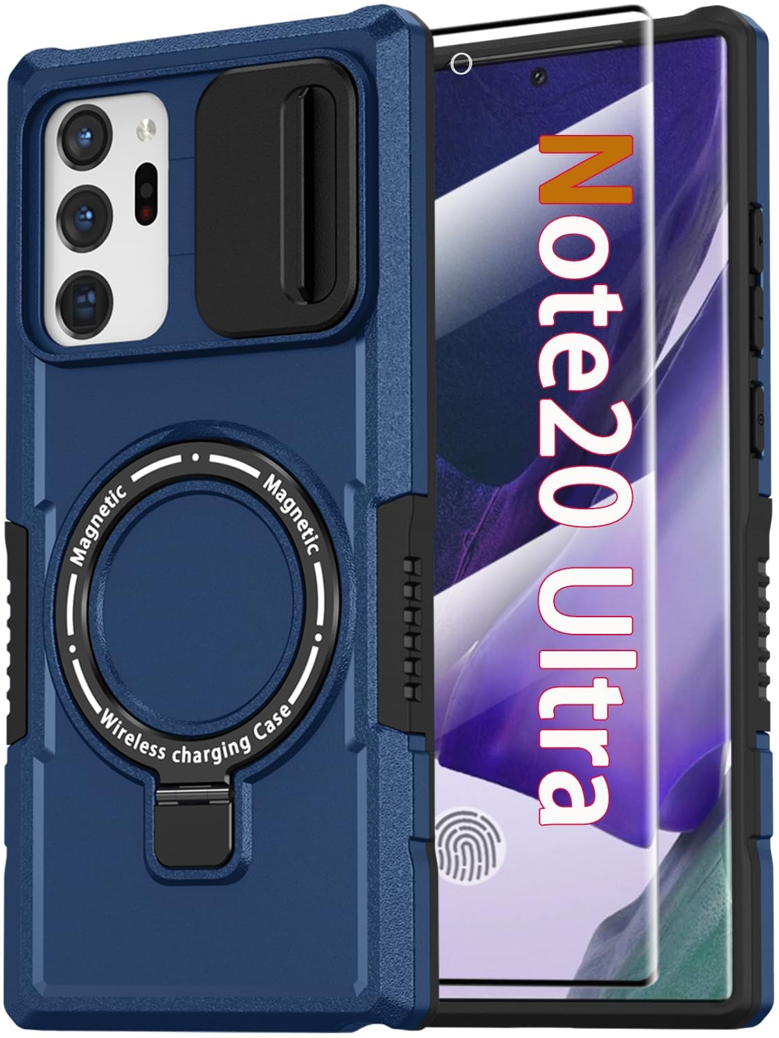 Photo 1 of Magnetic Case for Samsung Galaxy Note 20 Ultra with Ring Stand [Compatible with MagSafe Wireless Charging] [Screen Protector] Military Grade Heavy Duty Shockproof Case with Slide Camera Cover, Blue