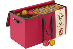 PEULEX Large 128 Christmas Ornament Storage Box, Adjustable Compartment Dividers, Dual Zipper, Stackable Holiday Decorations Organizer with Lid, Xmas Durable Fabric Bin, Reinforced Handles Space-Saving (Red)