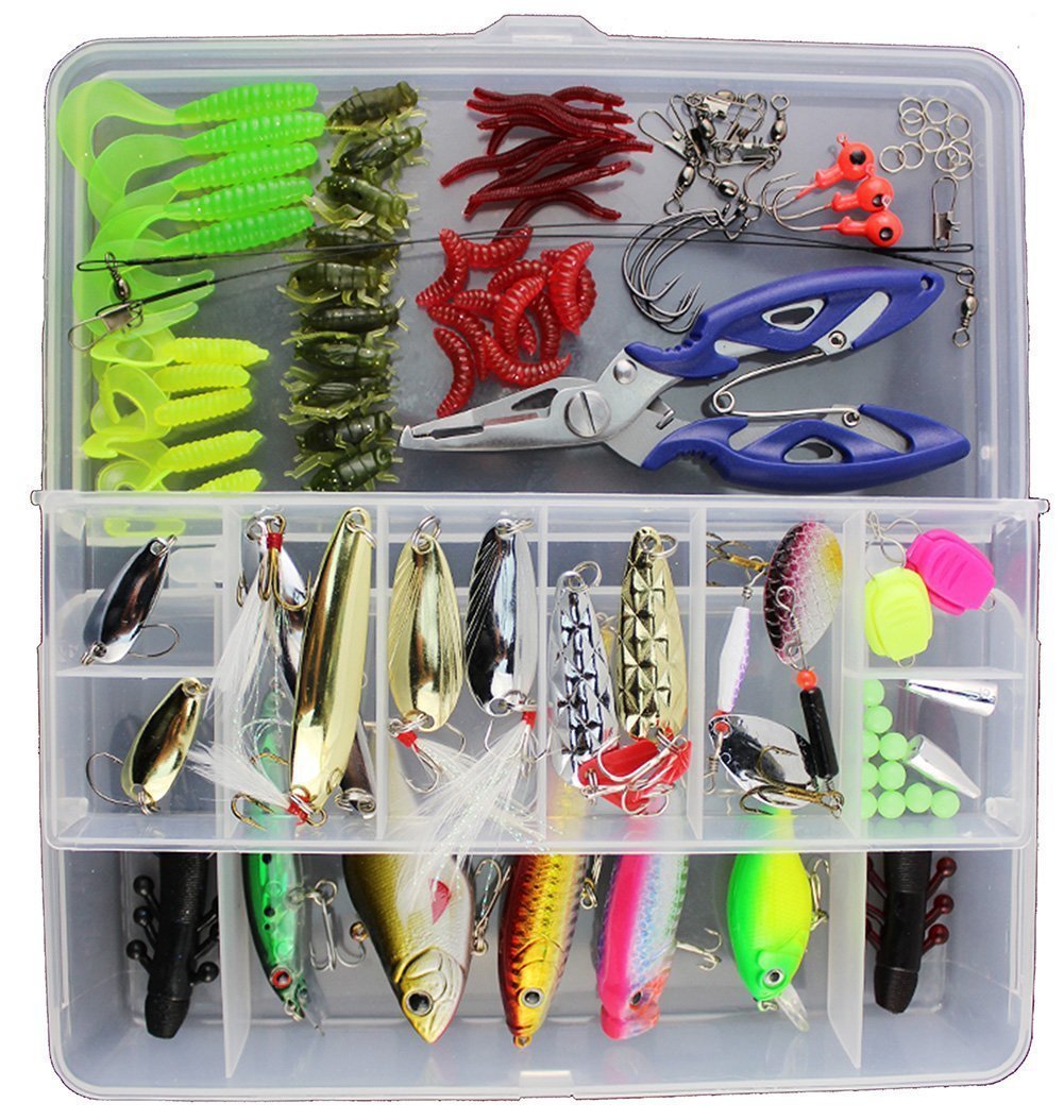 GossipBoy 101Pcs / Set Fishing Lure Kits Mixed Universal Assorted Fishing Lure Set with Fishing Tackle Box - Including Spinners, Worm, Spoons, Hard Lure, Sinking Lures, Treble Hooks ect