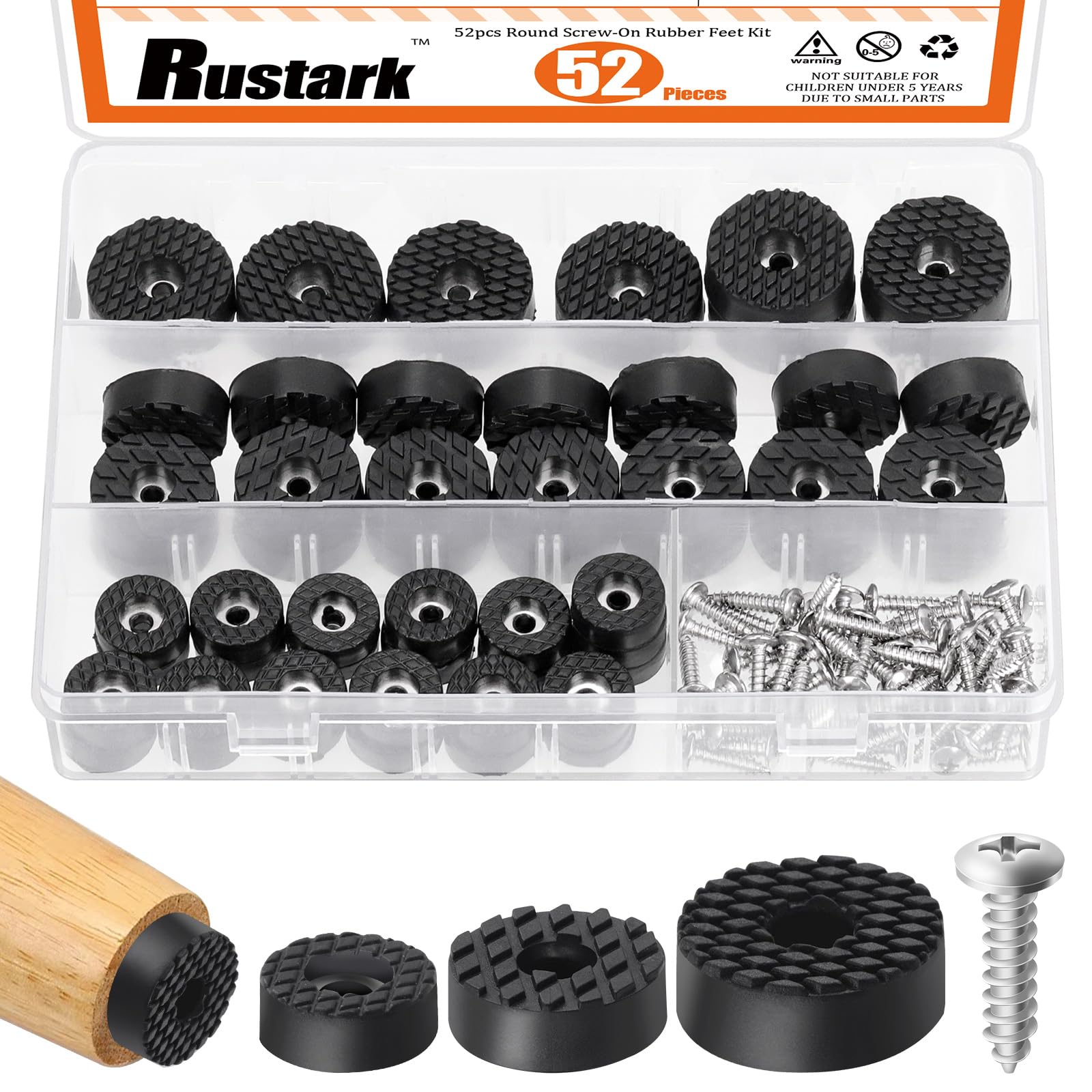 Rustark 52Pcs 3 Size Black Furniture Rubber Feet Kit Cutting Board Round Feet Screw-on Type with Matching Strong Screws, Non Slip Furniture Bumper Feet for Wooden Cutting Board Cabinet Tables Chair