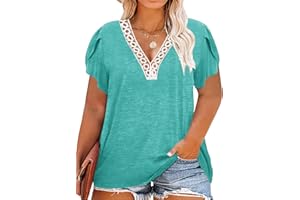 BINSHRE Plus Size Top for Women Lace V Neck Long Sleeve Blouse Trendy Cute Loose Solid Color Shirt