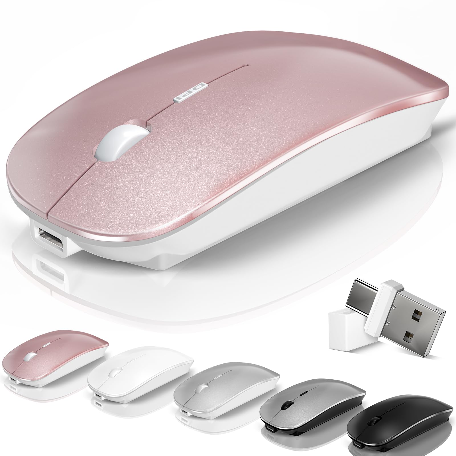 Photo 1 of Mouse for Laptop Wireless Bluetooth - MacBook Air Mac Pro PC iPad Optical Rechargeable Silent Mouse with Jiggler Dual Mode Switch Bluetooth 5.2/3.0 and 2.4GHz USB-A and Type-C Receiver Rose Gold