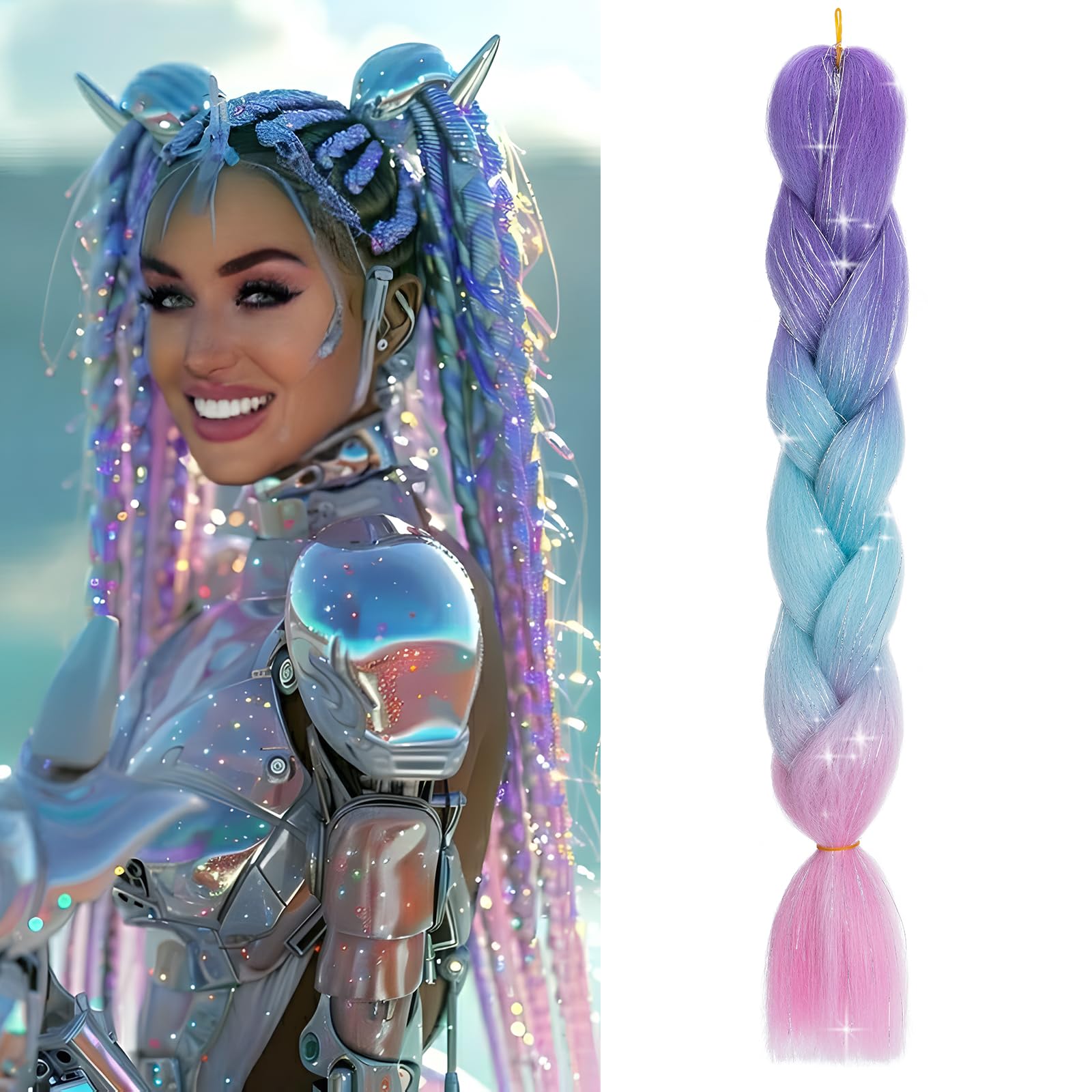 Benehair 24 Inches Braiding Hair Sparkly Braids Extensions Hair with Tinsel Mashup Colorful Synthetic Hair for Braid Hair Extensions for Women(Purple-Sky Blue-Pink, 105g) — image 1