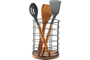 MIKIGEY Large Kitchen Utensil Holder for Kitchen Counter- 6”x 6”x 7.5” Black Round Utensil holder With Wooden Base, Metal Wire Cooking Utensil Holder for Kitchen Cooking Oragnizer