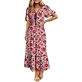 Dokotoo Womens Tie Front V-Neck Empire Waist Dress Summer Short Sleeve Smocked Wedding Guest Dress Floral Maxi Dresses