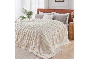 Lotus Karen King Size Faux Fur Blanket Cream White - Big Bubble Rabbit Fluff Blanket for Bed, Large Fluffy Fuzzy Cozy Blanket, Thick Furry Plush Shaggy Blankets, 108x90 Inches