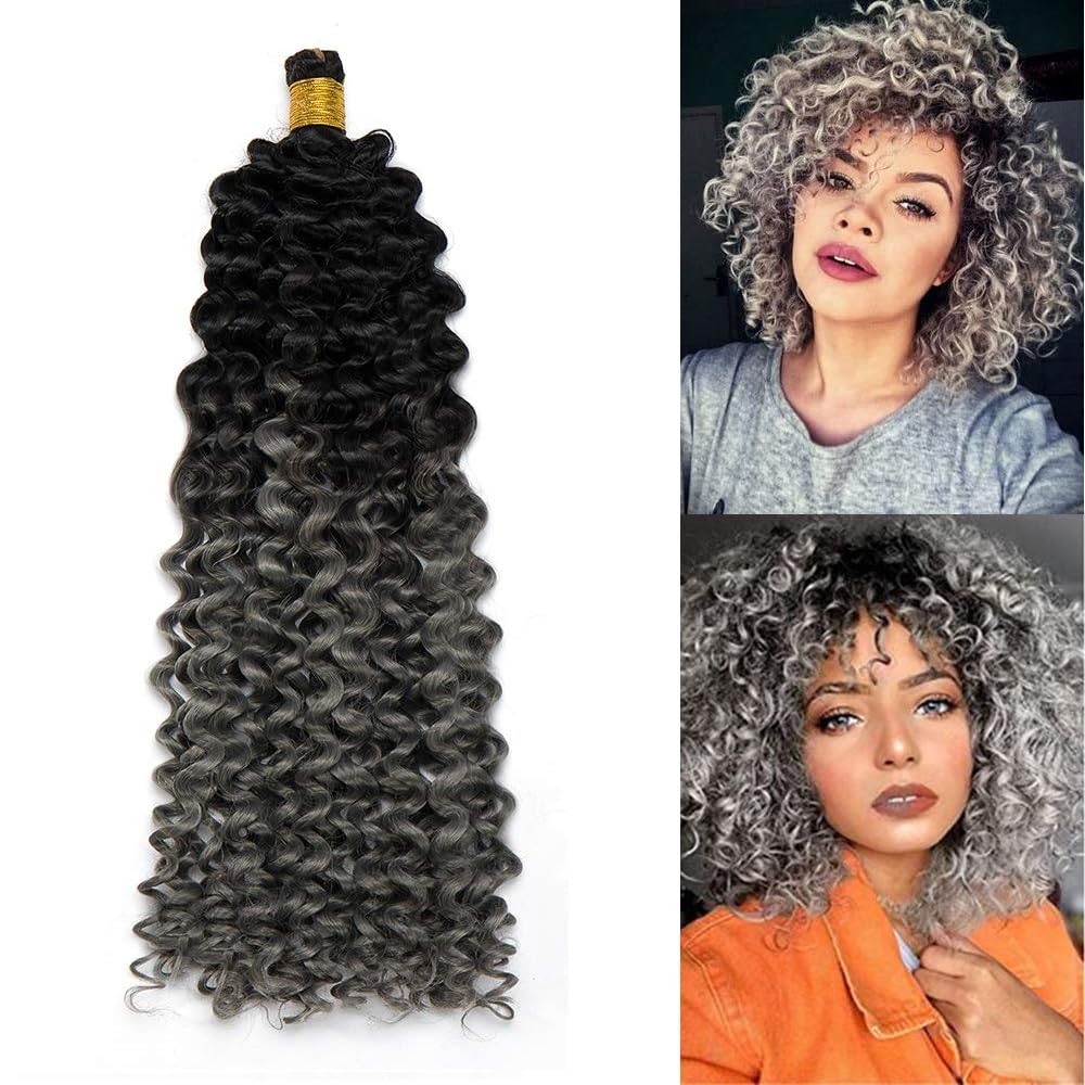 Afro Brading Hair Extension Marlybob Crochet Hair Water Wave Curly Braids Synthetic Hairpiece (Black to Dark Grey; 14inch)