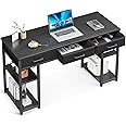 ODK Office Small Computer Desk: Home Table with Fabric Drawers & Storage Shelves, Modern Writing Desk, Black, 48"x16"