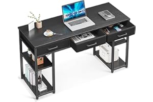 ODK Office Small Computer Desk: Home Table with Fabric Drawers & Storage Shelves, Modern Writing Desk, Black, 48"x16"