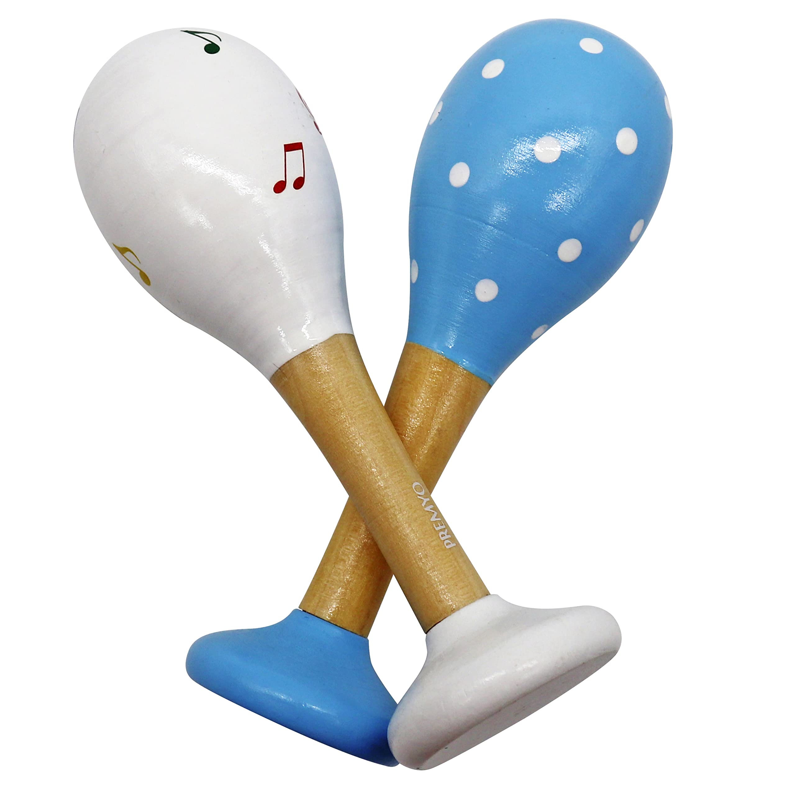 PREMYO Baby Rattle Maracas - Wooden Musical Instruments for Toddlers - Newborn Sensory Toys - Dots Notes Blue White