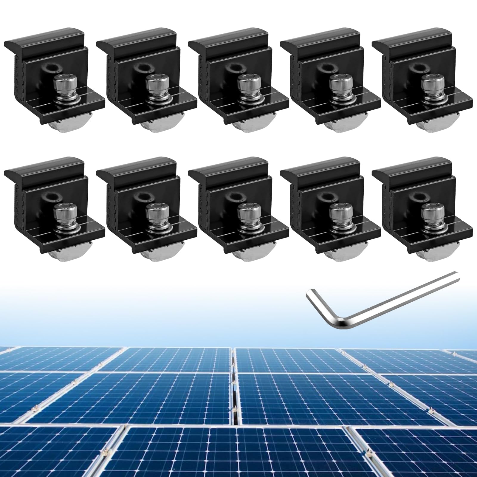 Photo 1 of Anbte 10pcs Solar Panel Mounting Brackets 30-50mm Adjustable, Aluminum Solar Panel End Clamp Include 10*Screw M8 and 1*Wrench, Solar Mount Kit for Metal Roof, Tin Roof, Flat Roof, Sheet Roof, Black