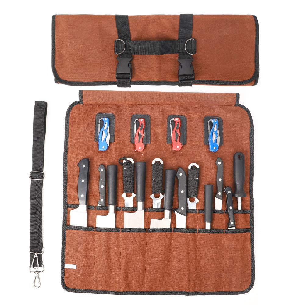 Knife Bag, Knife Roll with 18 Slots, Chef Knife Roll Bag with Handle and Shoulder Strap, Large Durable Waxed Canvas Chef Knife Bag, Camping knife Case for Hiking, BBQ.
