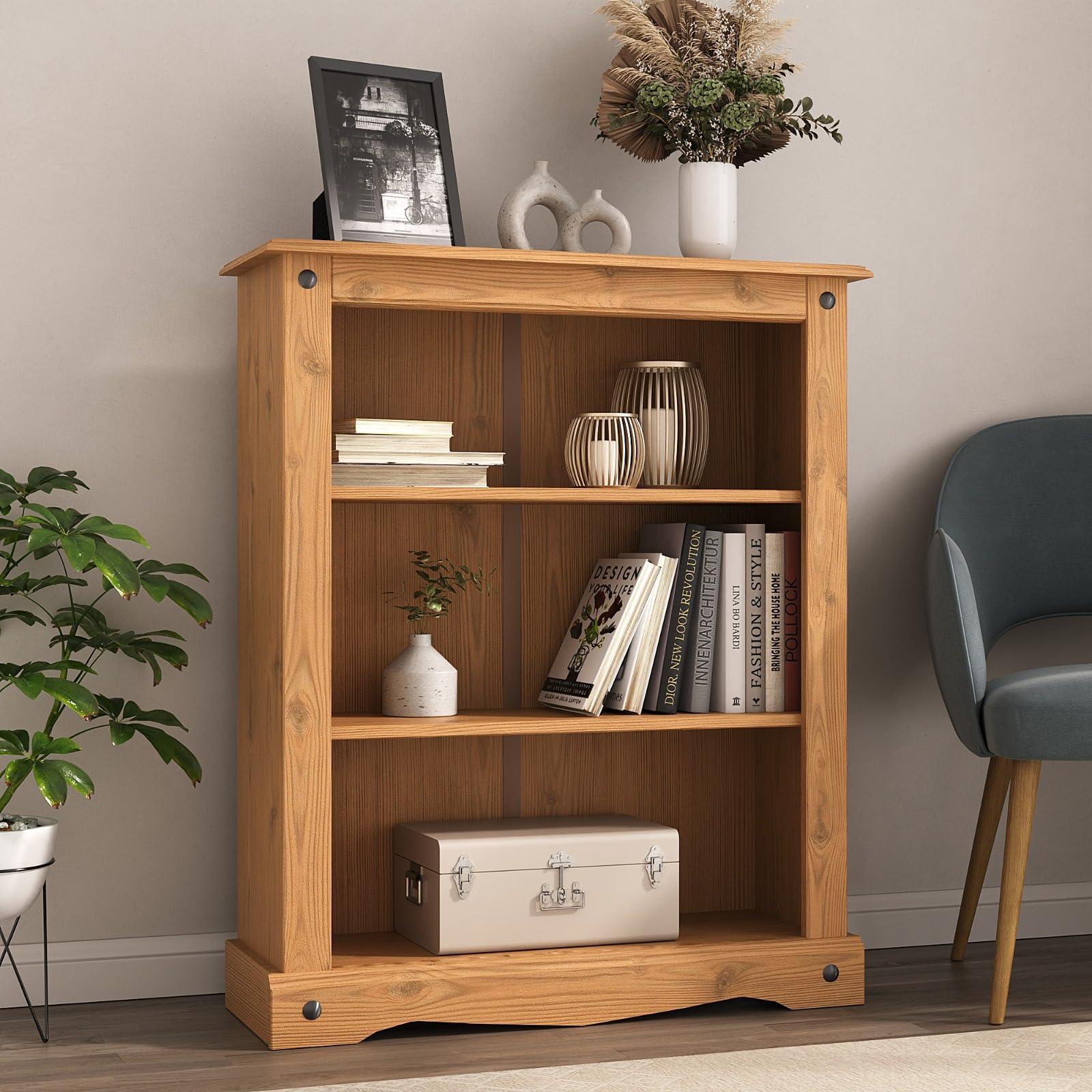 Corona Small Low Bookcase, Mexican Solid Pine Wood