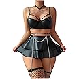 WDIRARA Women's PU Leather Buckled Halter Backless Bralette and Skirt Lingerie Set